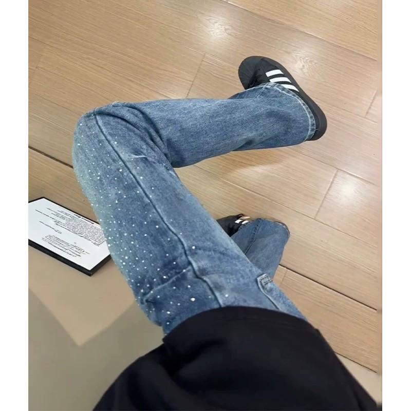 Mens Blue Denim Jeans Washed Lightning Slim Straight Leg Streetwear Style Casual Pants
