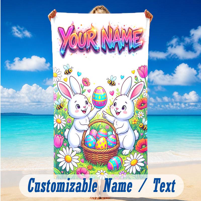 Easter Bunny Theme Beach Towel Personalized Custom Name & Text Soft Quick Dry Beach Towel for Swimming Travel