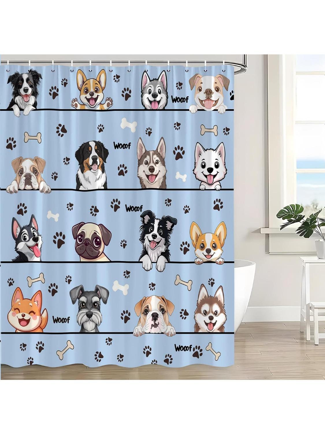 

Lovely Dog Shower Curtains Cute Puppies Cartoon Animal Paw Print Funny Pet Lovers Vintage Country Blue Bath Curtain With Hooks W60H190(CM)-1 Pcs
