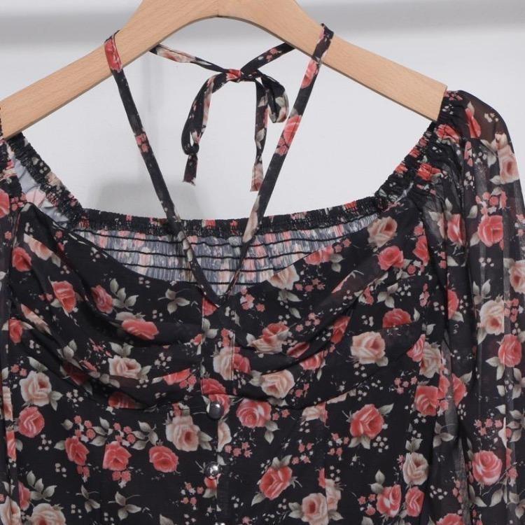 Spring Casual French Floral Blouse Women Elegant Vacation Bohemian Ruched Tops Slim Elastic Print Shirts