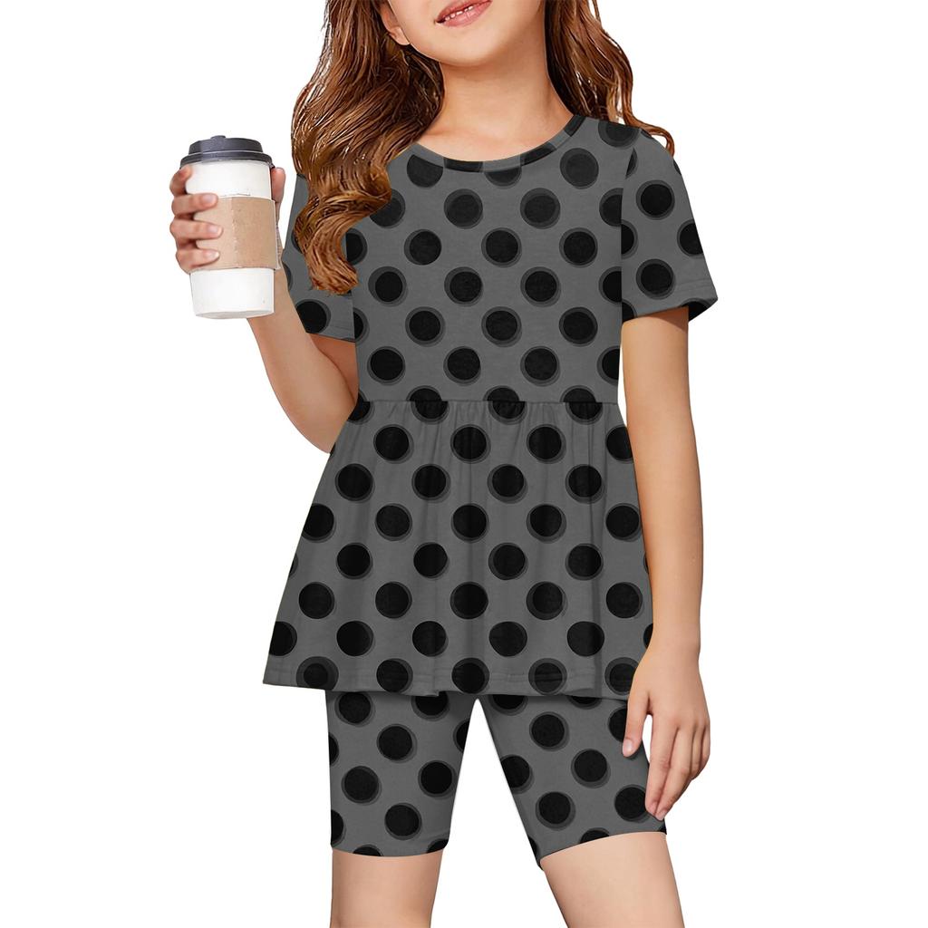 Sommer-Outfit-Set für Mädchen Polka-Dot-Print Kurzarm-Oberteil mit Rüschensaum und Shorts