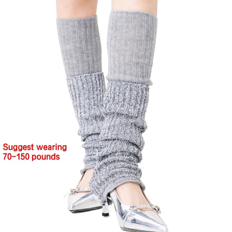 Womens Vintage Ribbed Knit Stretch Long Leg Warmer Party Dance Glitter Sequins Patchwork Solid Boot Socks Leg Cover