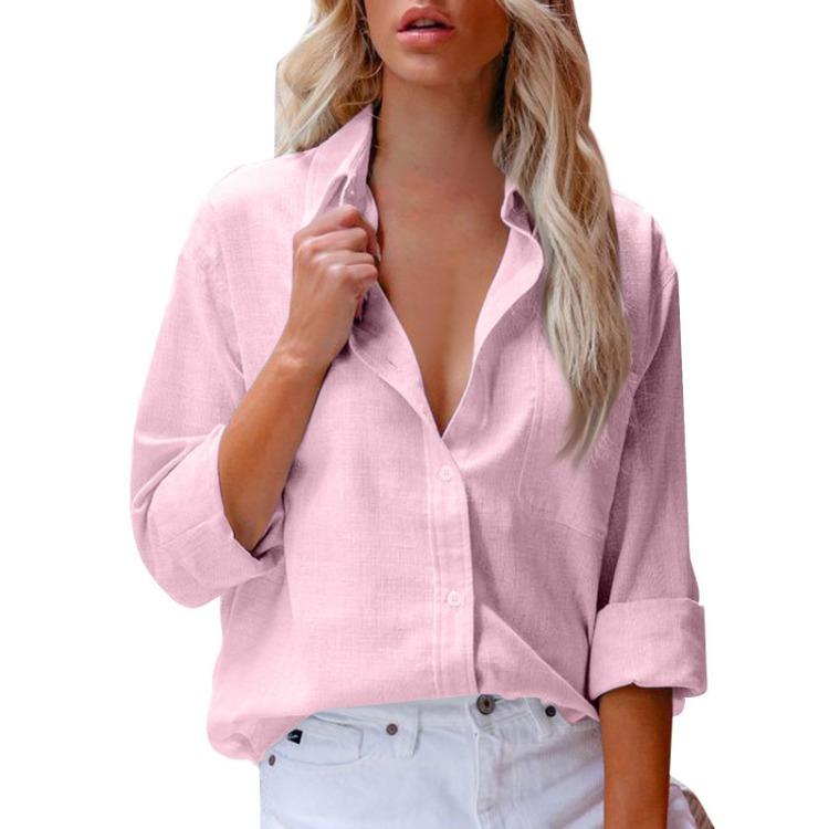 Classic Women's Long Sleeve Cotton Linen Shirt Lapel Button Blouse
