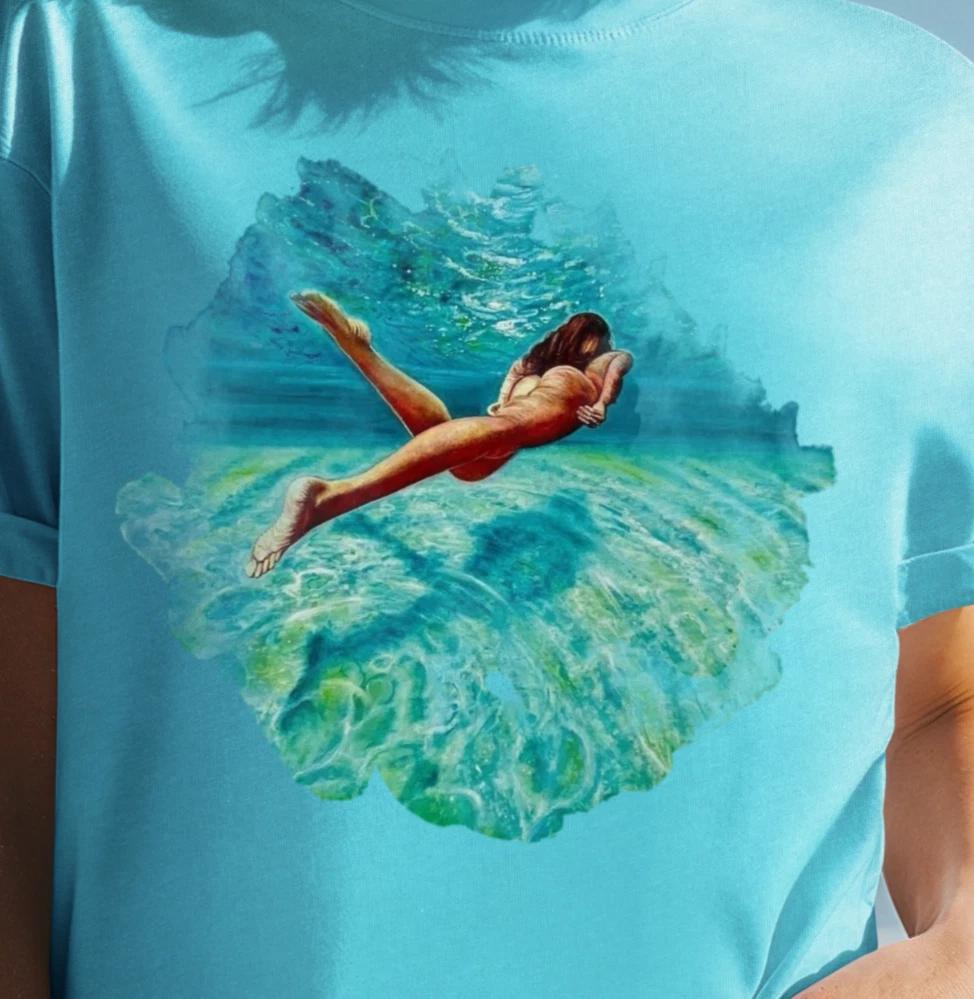 Swimmer Watercolor Splash T-Shirt | Ocean Art Tee, Beachwear, Nudist Shirt 3XL