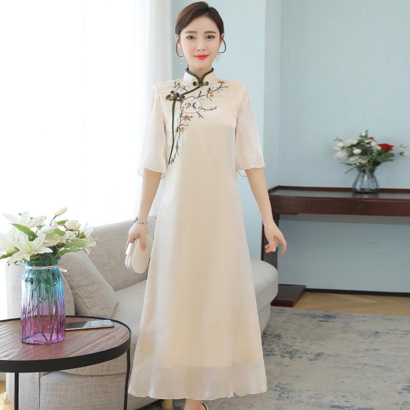 

Костюм Тан в китайском стиле, платье Ханфу Ципао, элегантный Cheongsam M абрикосовый