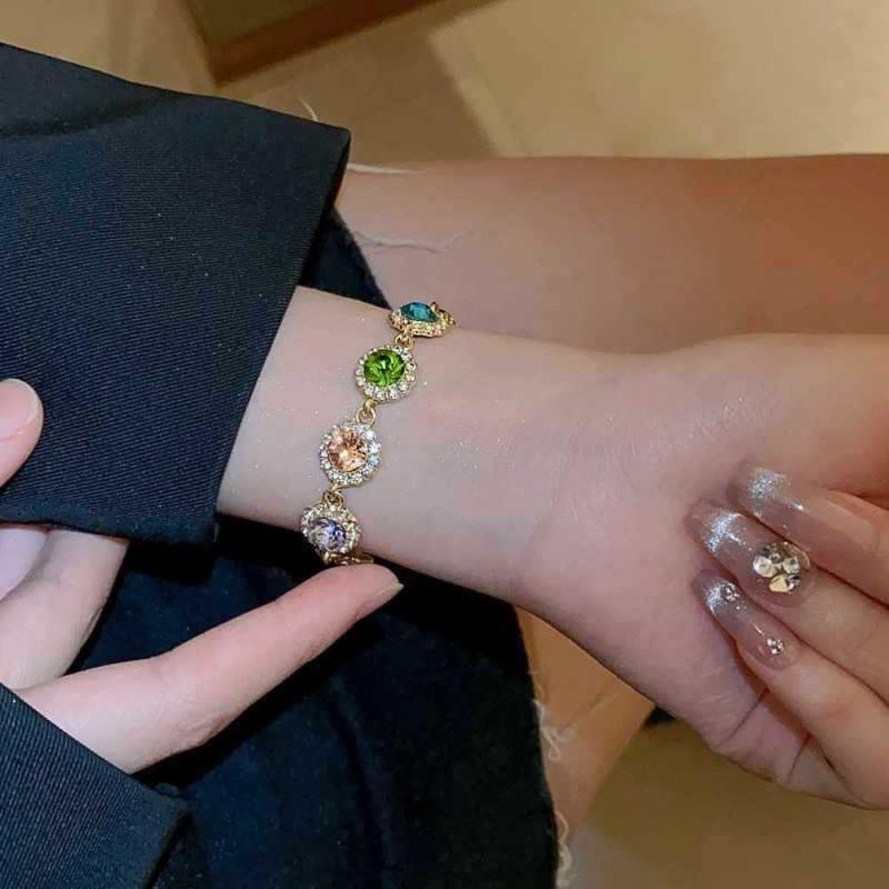 Shiny Zircon Bracelet Bangle Colorful Hand Chain Elegant Rainbow Rhinestone Bracelet  Lady