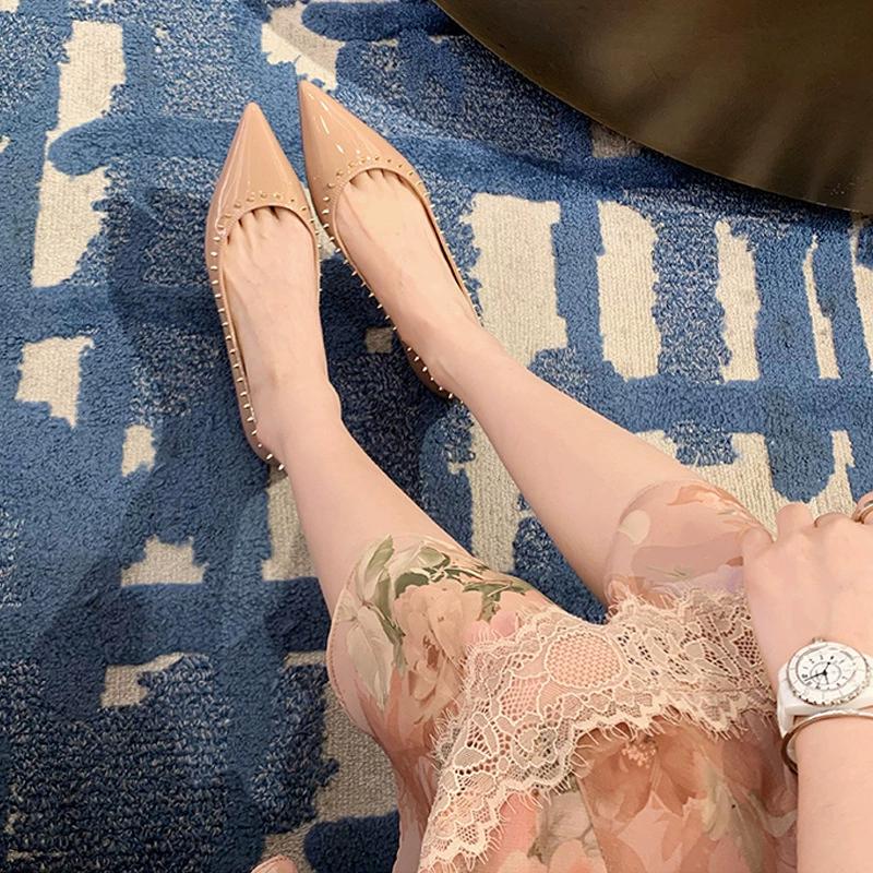 Summer and Spring Shallow Mouth Pointed Solid Color All-match Small Rivet Buckle Flat Shoes Women
