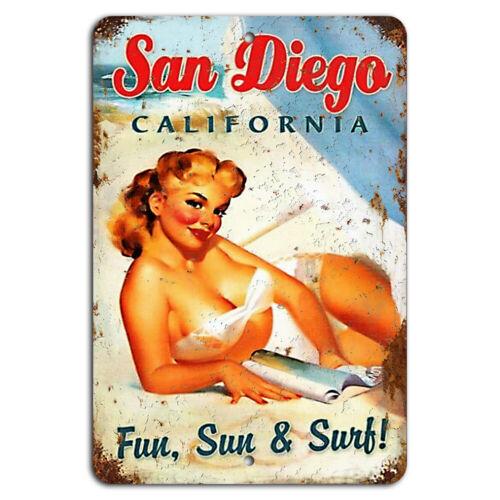San Diego California Sun and Surf Vintage Pinup Rustic Metal SignAluminum 20x30cm（7.8x11.8inch）