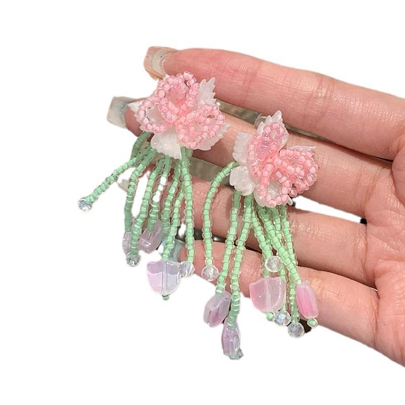 Color Dopamine Handmade Beaded Flower Fringed Stud Earrings Women'S Light Luxury Fashion High-End Elegant Versatile Earrings
