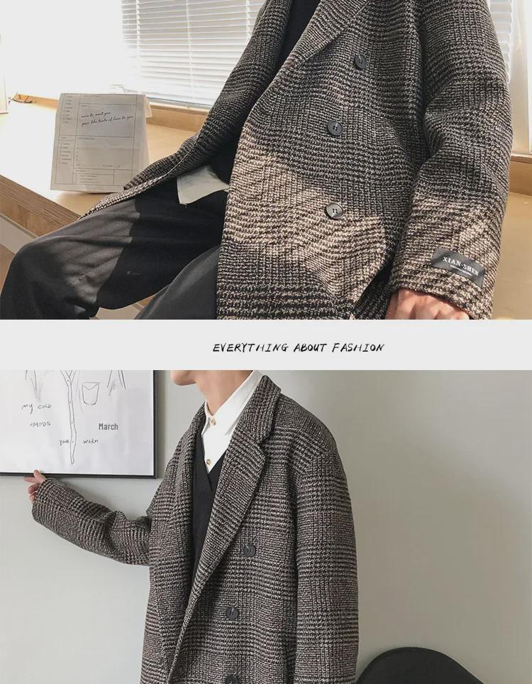 Herren Trendiger Doppelreiher Woll-Plaid Trenchcoat - Herbst/Winter Koreanischer Hong Kong Stil, Übergröße verfügbar