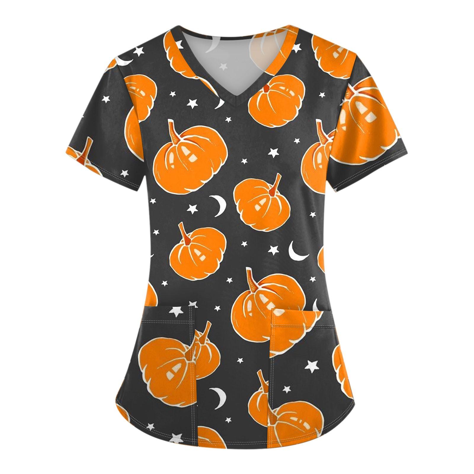 Женская униформа с коротким рукавом и принтом на Хэллоуин с V-образным вырезом и карманом — фото 3