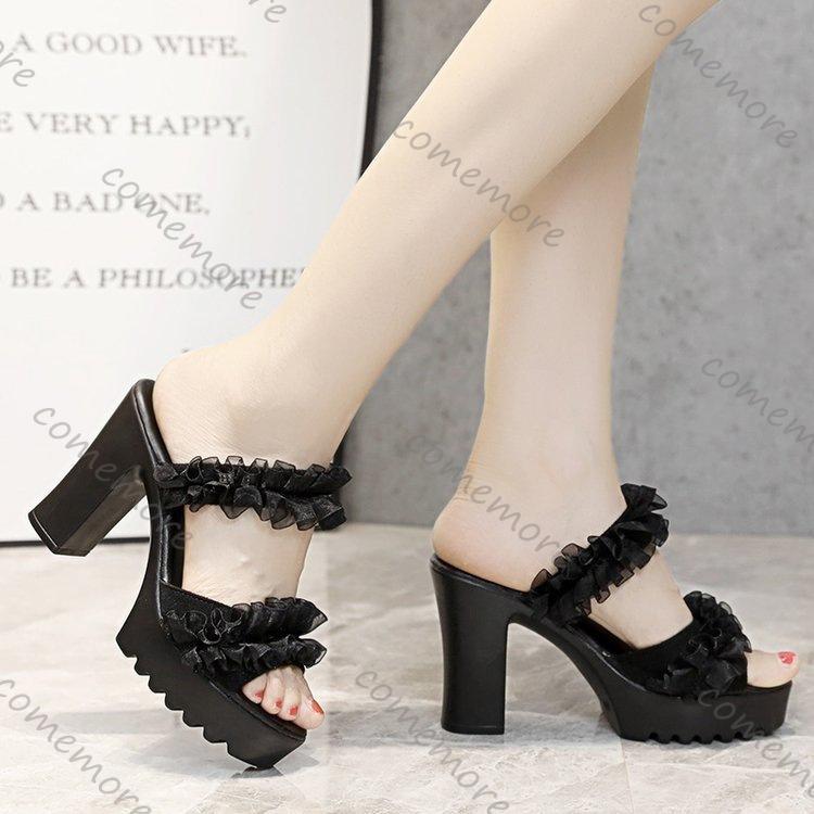 Comemore Thick Heeled Fish Mouth Sandals Summer Slip On Platform Slippers Womem's Shoes Lace High-heel Sandales