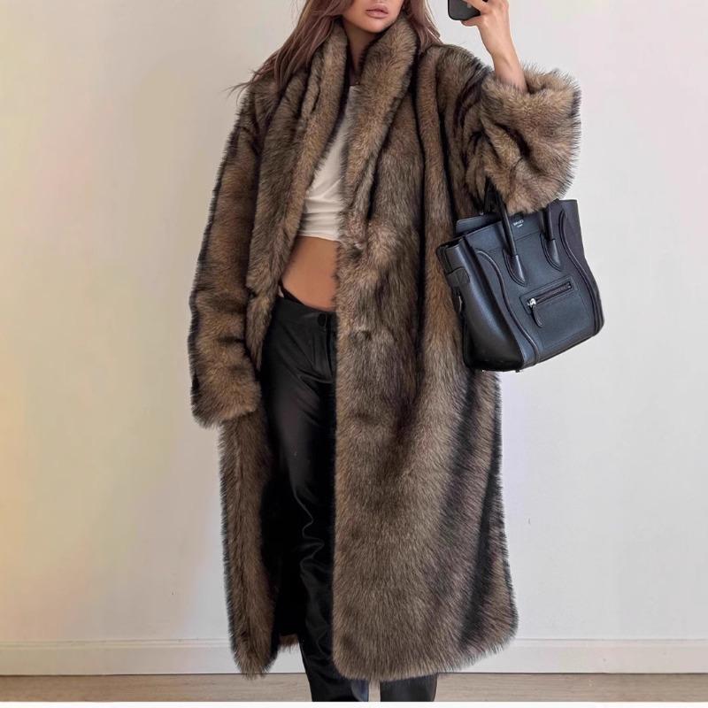 Women's Longline Faux Fur Coat Lapel Collar Loose Fit Warm Winter Outerwear