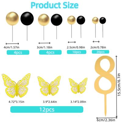 Golden Butterflies and Numbers, Black and Gold Spherical Cake Decorations for Festivals, Parties, Weddings