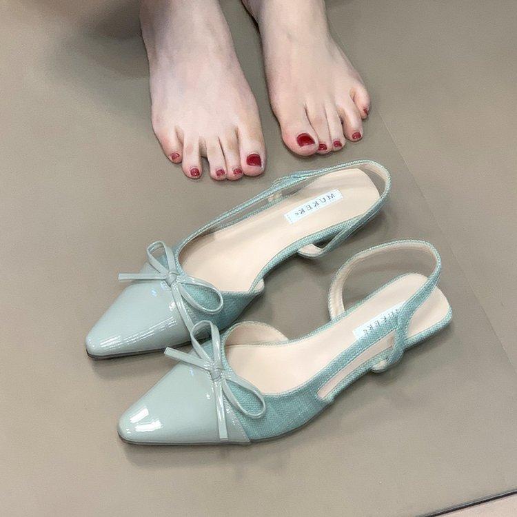 

Soft leather version~ Gentle temperament shallow mouth women s single shoes bow French back empty splicing new bag head sandals 35