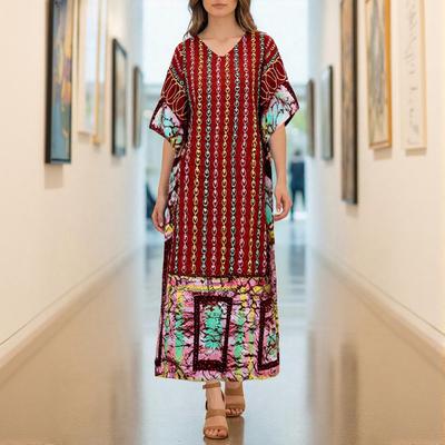 Sukienka Maxi Casual Oversize z Dekoltem V, Rękawem Nietoperzowym, Paskami z Przodu i Plaidowym Nadrukiem z Tyłu dla Kobiet Plus Size