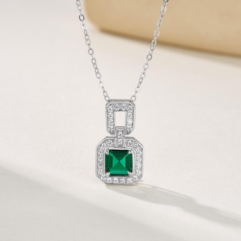 Simple Fresh Cultured Emerald Pendant S925 Silver with Lab-Synthesized Gemstone and Full Diamond Design for Women