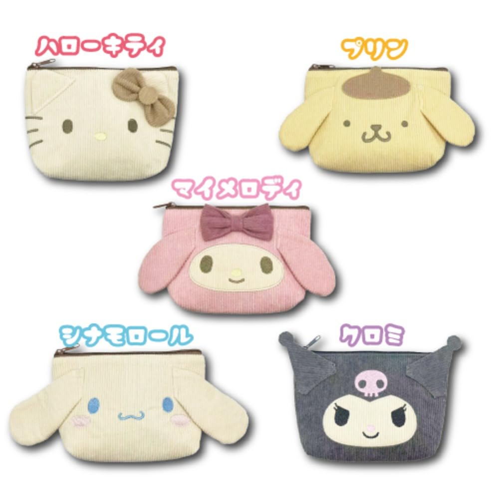 Hatayama Shoji Sanrio Face Multi-Pouch, Corduroy, Character Storage Pouch, Cute Accessory Case, Kitty [Body] Approx. H13 X W20 X D5cm