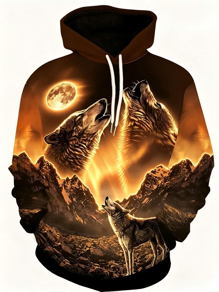 American Men's Autumn Moon Wolf Roar Print Comfortable Soft Hooded Sweatshirt Long Sleeved T-shirt Outdoor City Street Style Top