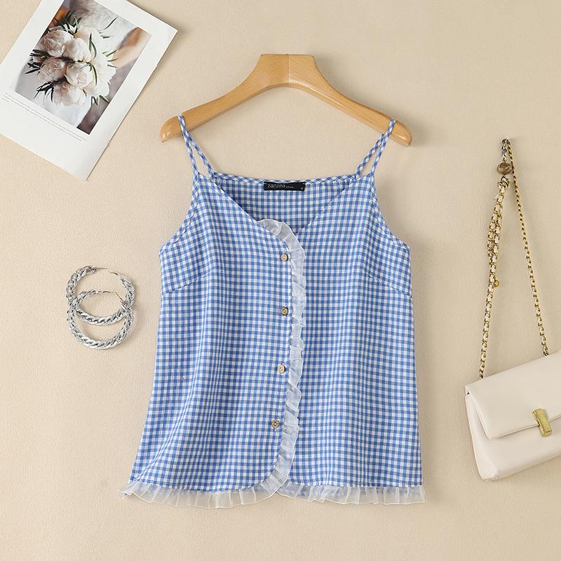 ZANZEA Women Casual V-Neck Plaid Print Straps Sleeveless Camisoles M