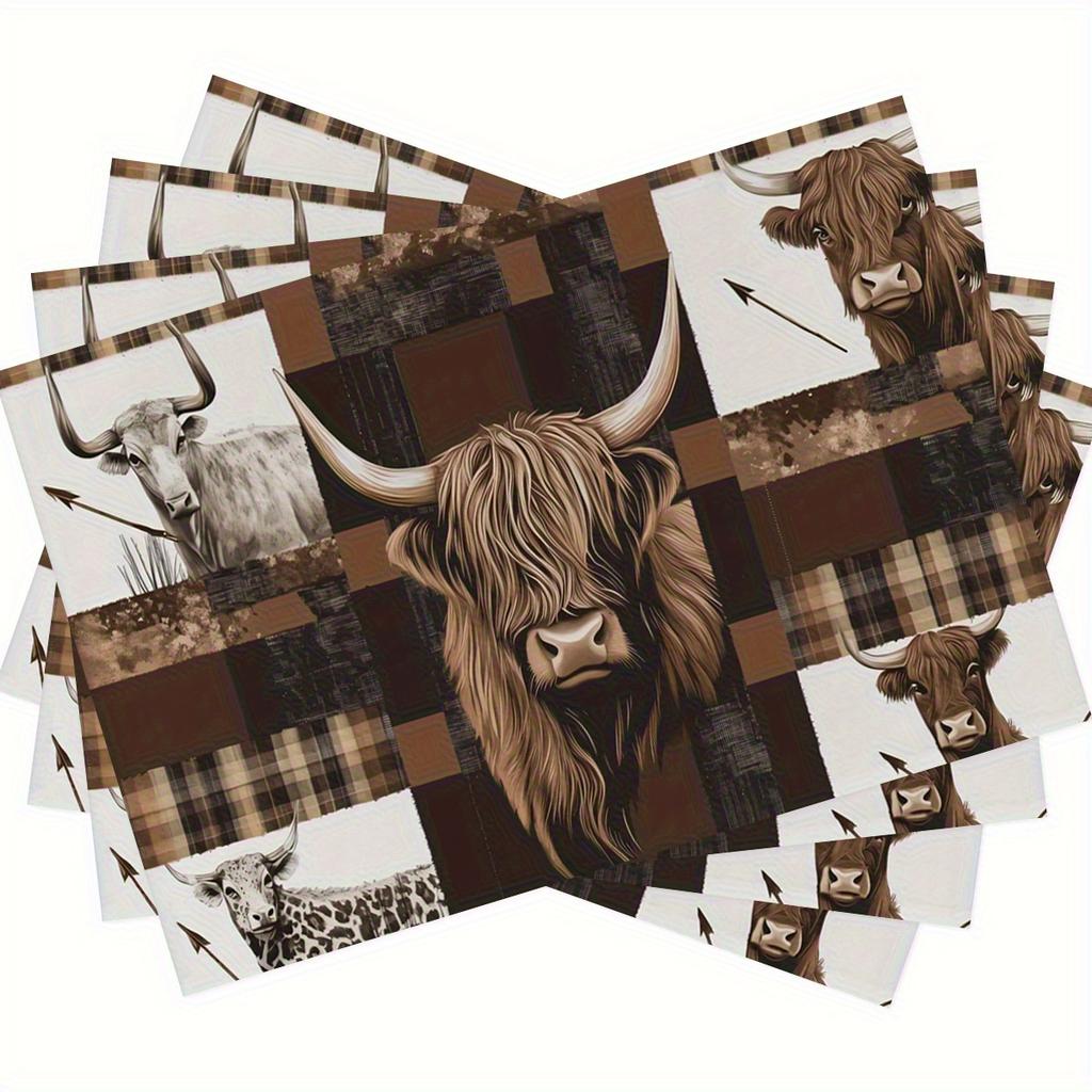 Von 4 oder 6 Platzdeckchen mit Hochlandrindern und Leopardenmuster, aus Buffalo-Plaid-Polyester, geeignet für Küchen-Dekoration im Bauernhof-Stil, und Maschine
