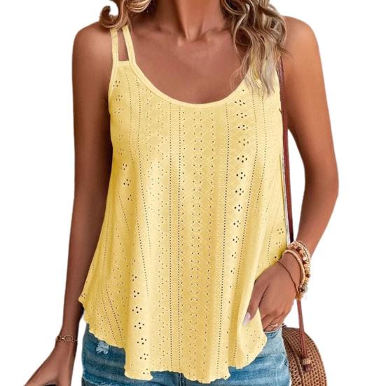 Kvinnor sommarväst med rund hals ärmlös ihåliga dubbla remmar Lösa dagligt slitage Enfärgad rynkning Kvinnor sommartopp damkläder