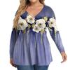 Women's Plus Size Shirt Long Sleeve  Print Top Pleated Casual V-Neck Top