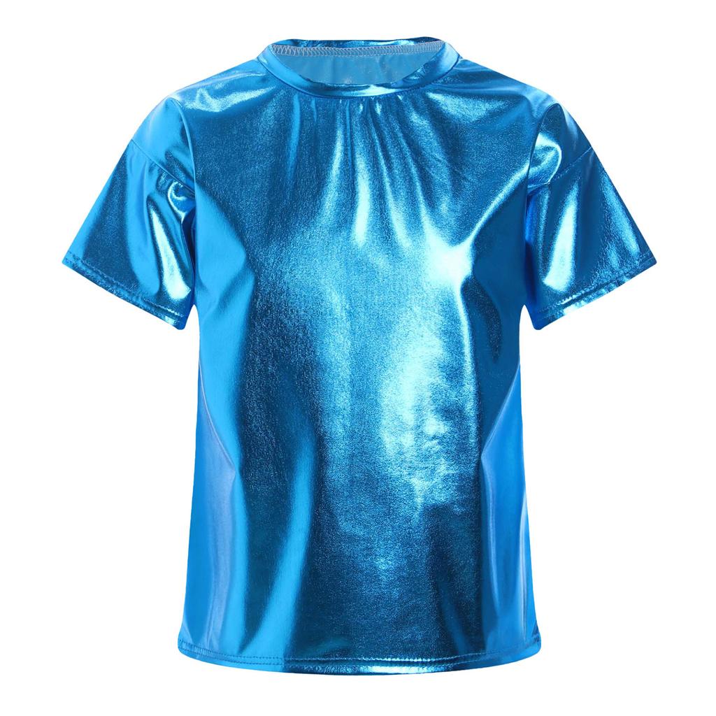 Girls Metallic Shiny Short Sleeve T-Shirt Round Neck Dance Party Performance Top