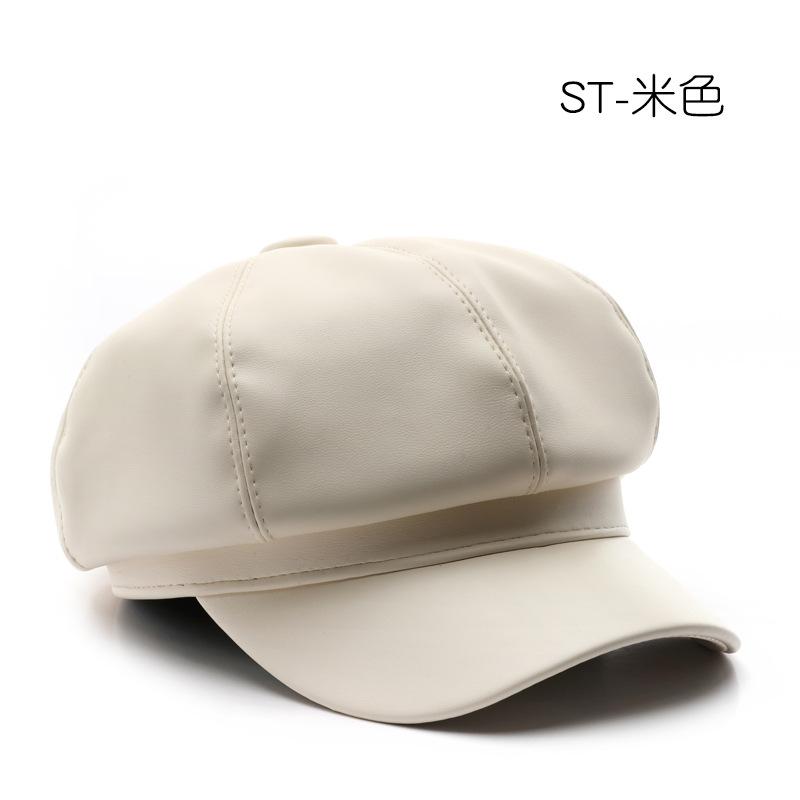 

Octagonal hat personality spring and autumn solid color light plate leather painter hat outdoor street warm beret бежевий