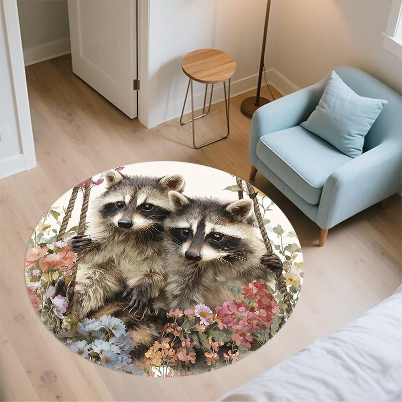 Raccoon and Flowers pattern round rug,Carpet Rug for Living Room Bedroom Playroom ,Non-slip Floor Mat,Holiday Gifts and Birthday Gifts.