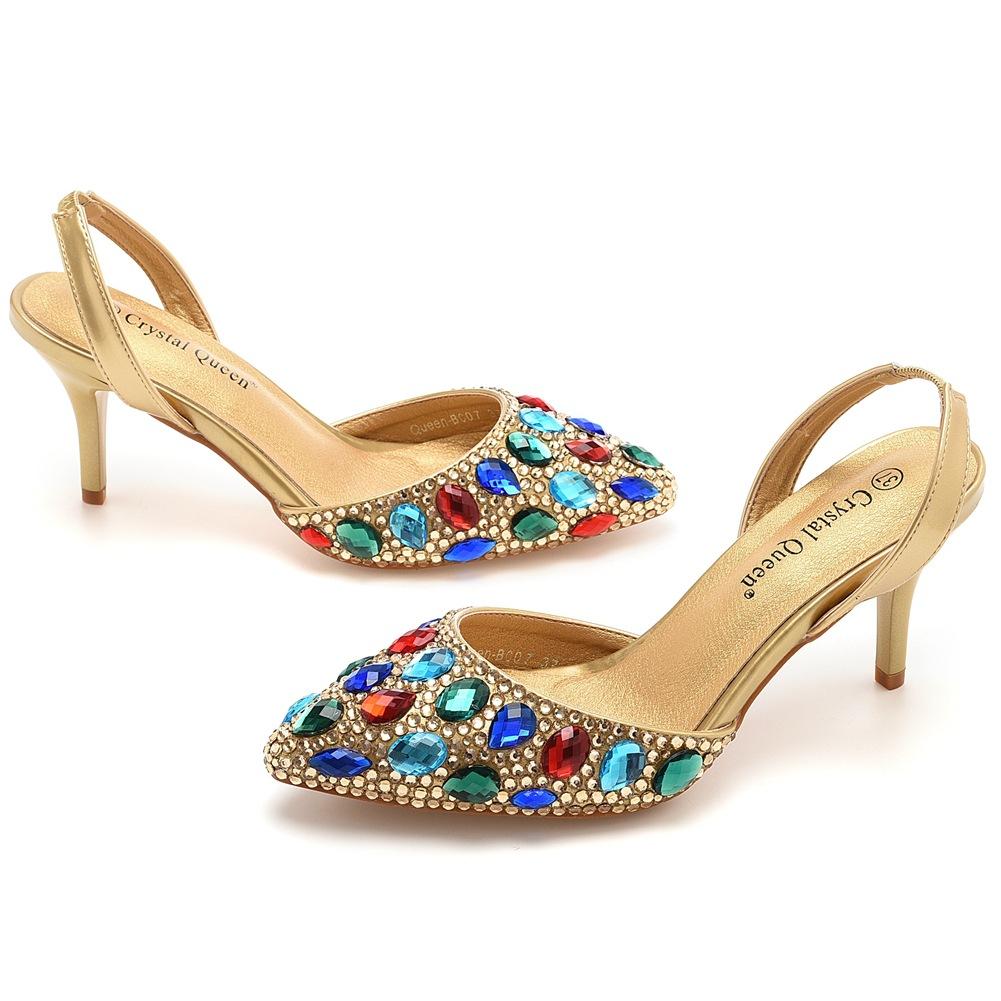 7cm Shallow Tipped Sandals Colored Rhinestone Slim Heel Sandals Large Size Wedding Shoes Bride Wedding Banquet Full Diamond Shoes