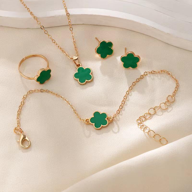 Korean Five-Leaf Clover Jewelry Set for Women: Necklace, Bracelet, Ring, and Earrings