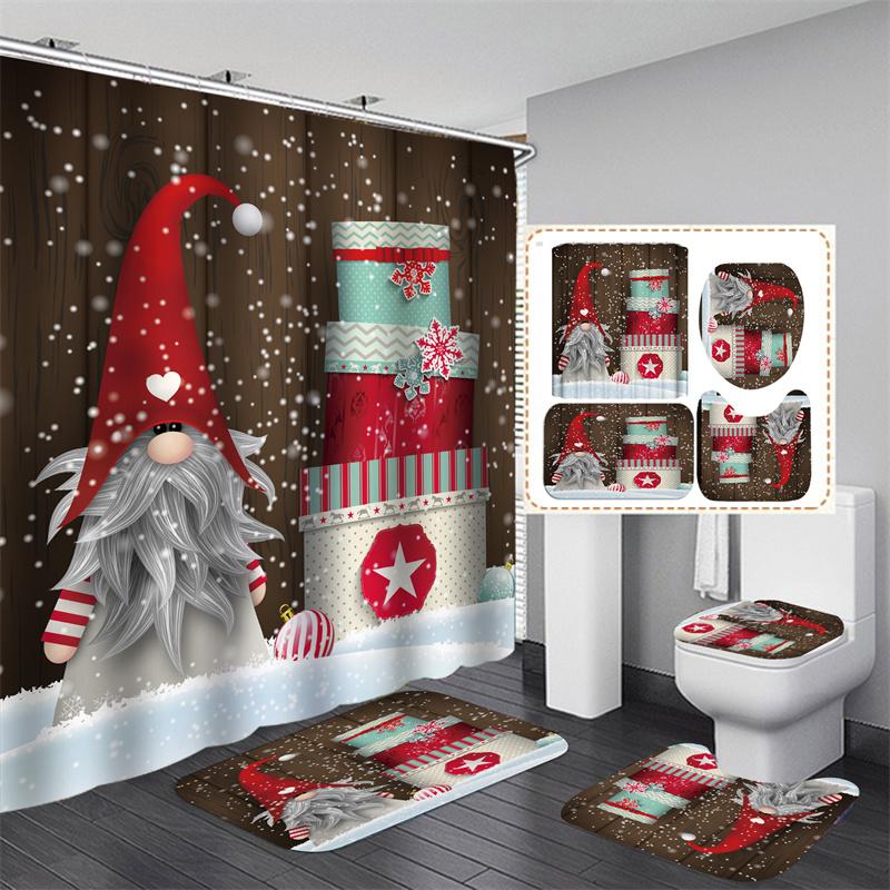 Santa Vánoční sada sprchových závěsů Vanová předložka Protiskluzový koberec Koupelnová přepážka Vodotěsná Domácí dekorace Cortinas Para Ba ñO