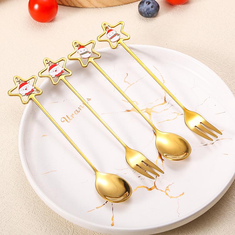 Stainless Steel Spoon Fork Cutlery Set Cute Christmas Pendant Dessert Spoon Coffee Stirrer Spoon Hand Accessory Cuchara Pequeña