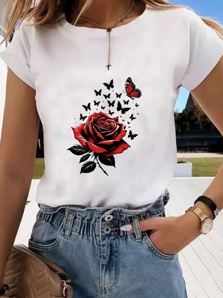 (Asian Size)  Sweet Flower Trend 90s Graphic Tee Fashion T Clothing Women's Top  Print Female Casual  Short Sleeve T-shirts