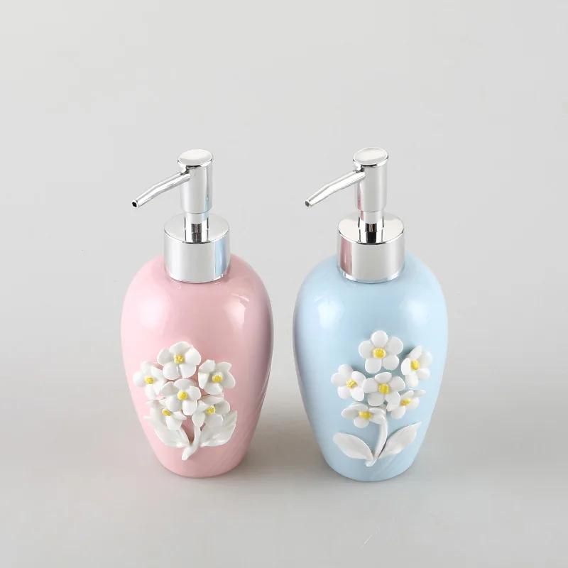 330ml Ceramic Lotion Bottle Stereoscopic Relief Flower Sub Bottle Pink Blue Small Fresh Simple Hand Sanitizer Soap Dispenser