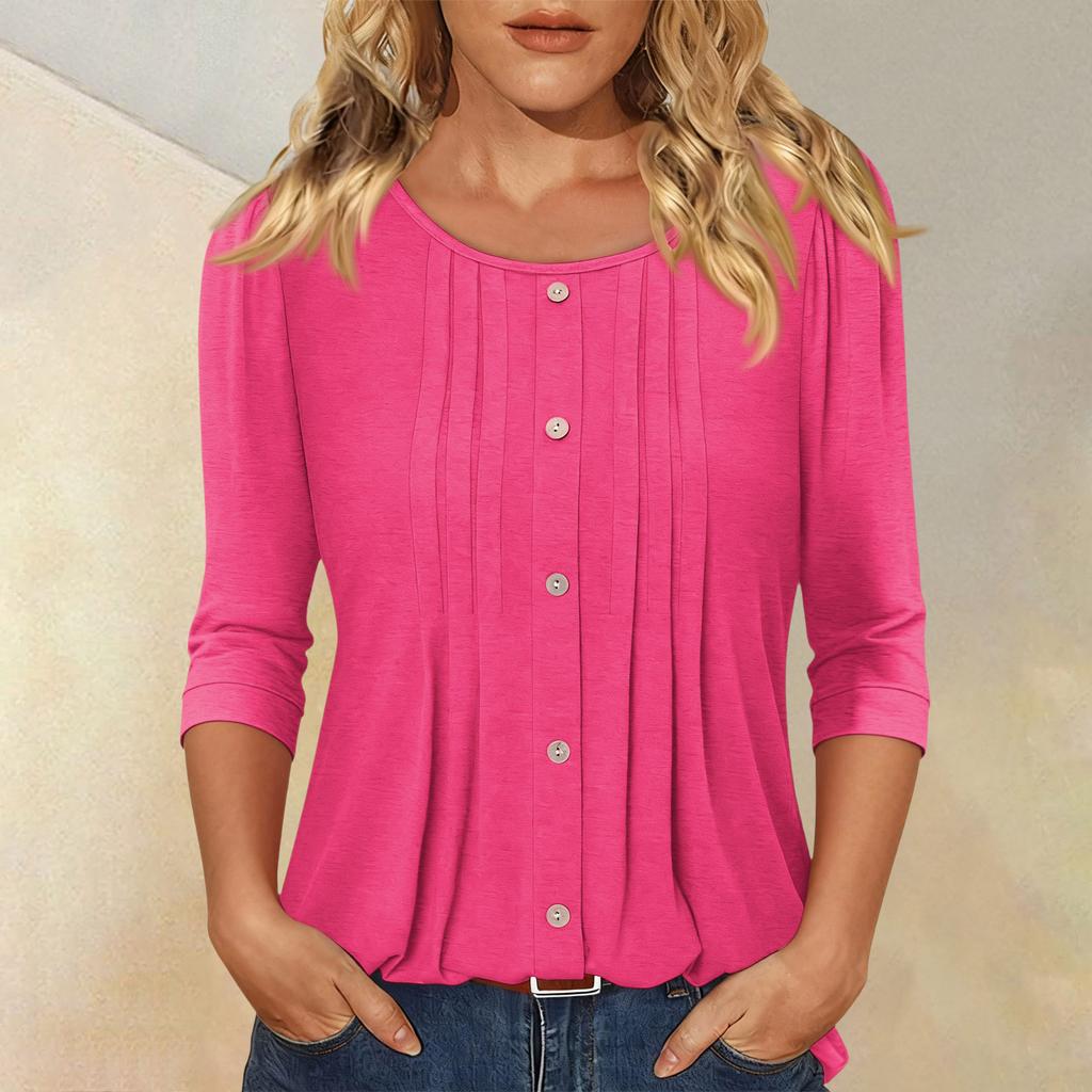 Women's Fashionable Casual Three,quarter Sleeve Button Color Round Neck Top