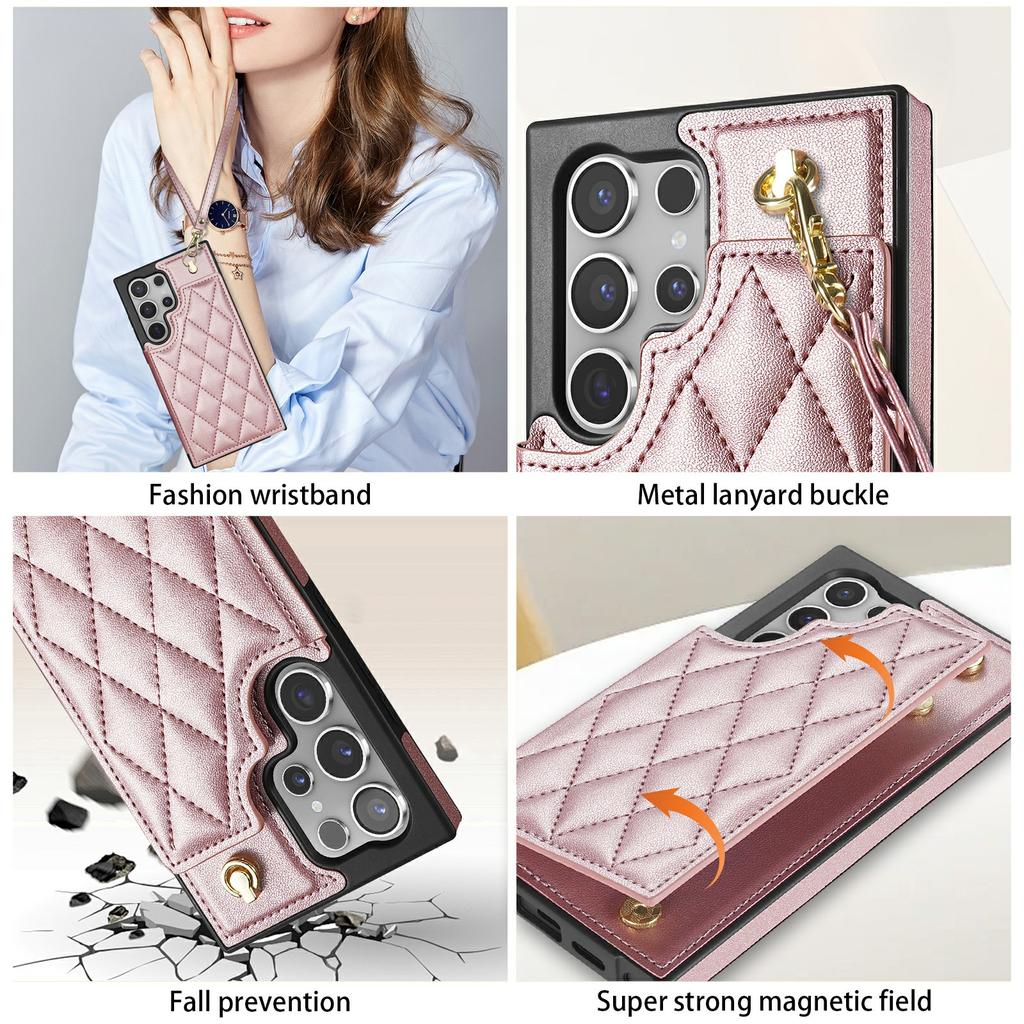 For Samsung Galaxy S24 Ultra Case with Wrist Strap Card Slots Rhombus Leather+TPU Phone Cover