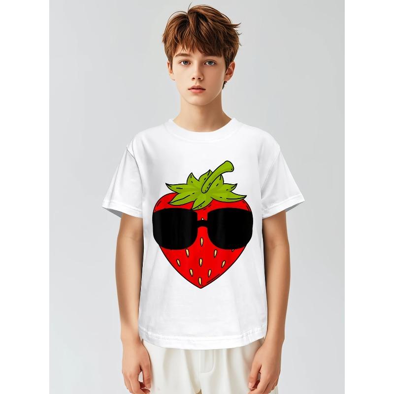 Children Crew Neck Short Sleeve T-Shirt with Artistic Strawberry Print