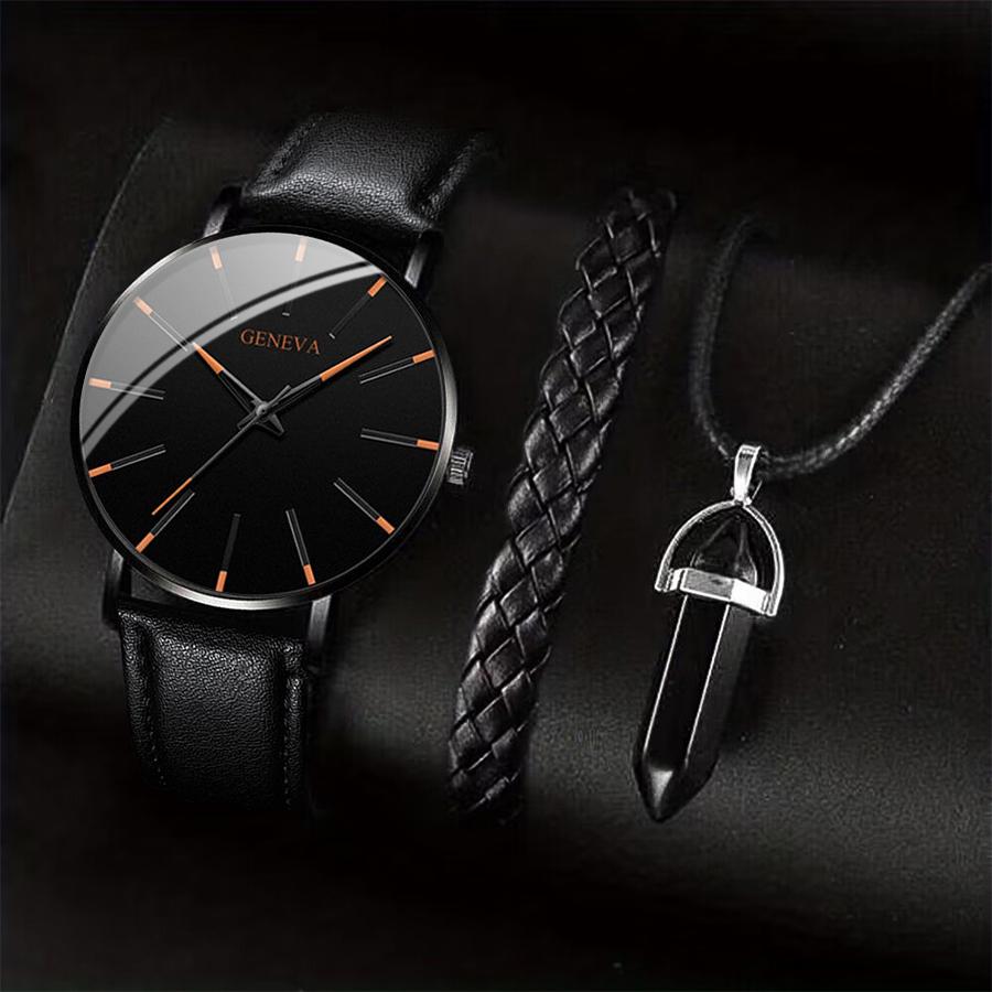 

3PCS/Set Men Business Watches Casual Leather Band Analog Male s Quartz Watch Necklace Bracelet Set