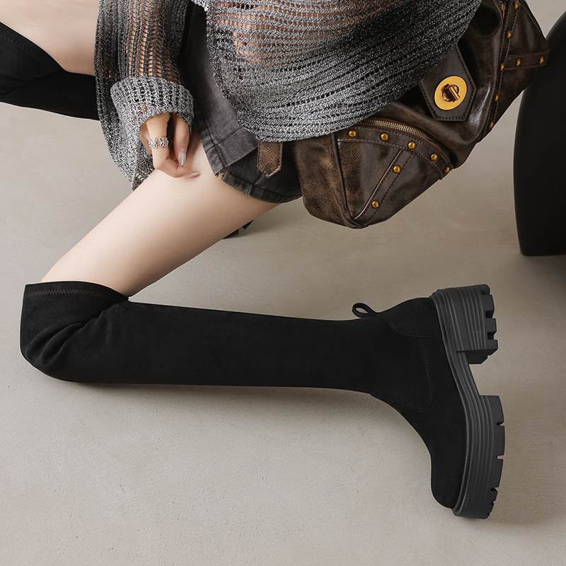 Krazing Pot Microfiber Autumn Winter Shoes Thick Bottom Flat Platform Size 43 Long Boots Zipper Over-the-knee Boots