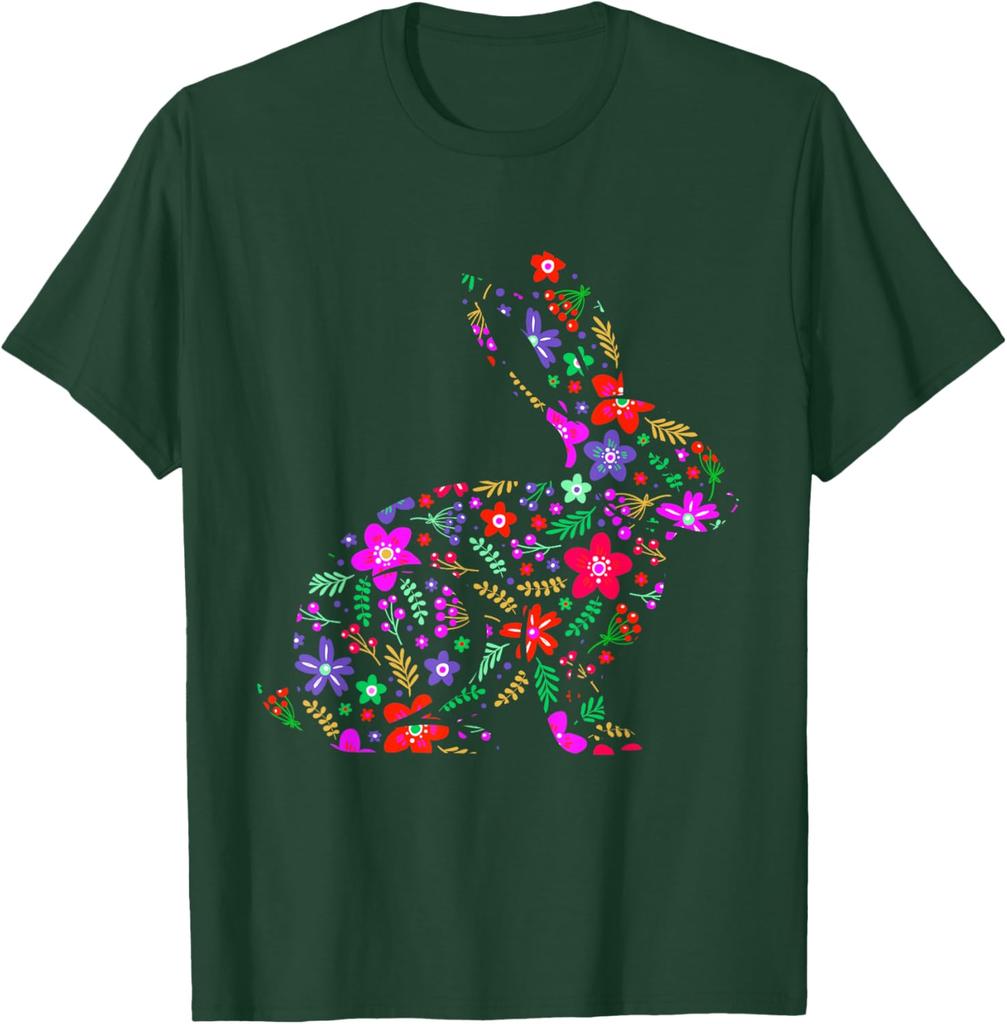 Floral Easter Bunny Rabbit Silhouette Spring Flowers Graphic T-Shirt Men Casual Trip