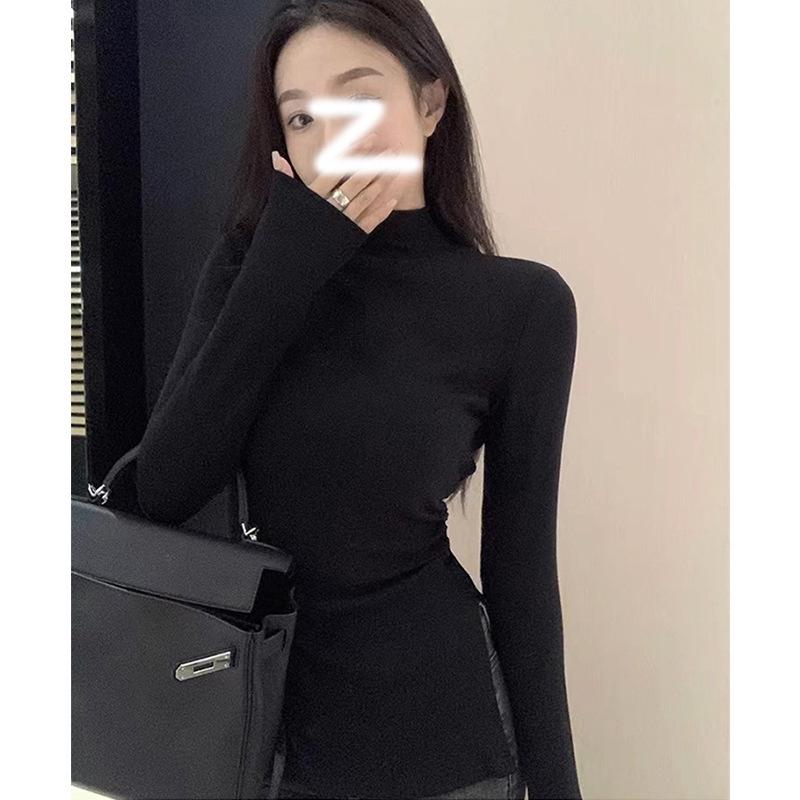 

Women s Slimming Double-Sided Velvet Half-High Neck Top – Slim Fit, Flaw-Concealing Design, Niche Autumn/Winter Layer with Slit Small чорний