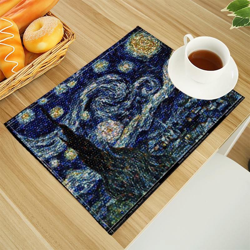 Van Gogh The Starry Night Print Linen Dining Table Mats Alphabet Kitchen Placemat 30X45cm Coasters Pads Bowl Cup Mat