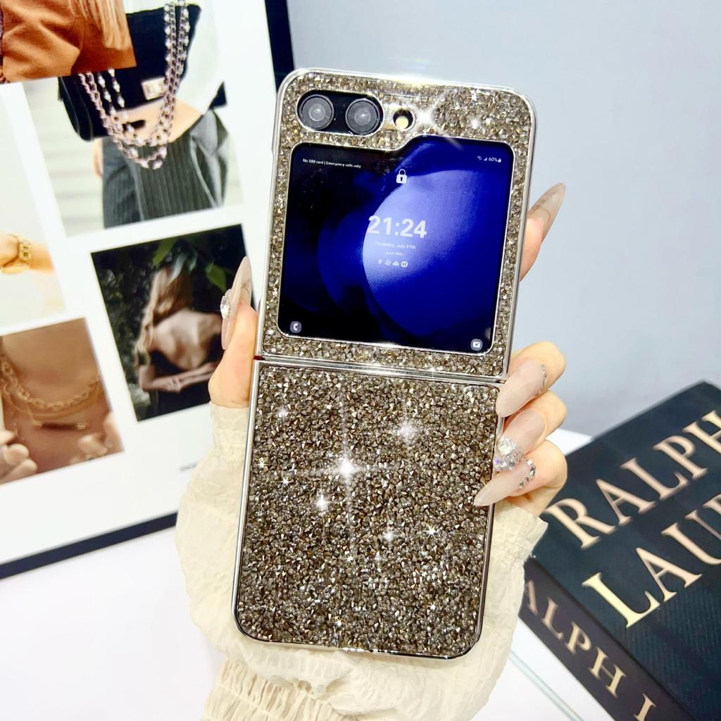 Ochranný kryt Samsung Z Flip6/5/4/3 s galvanicky pokoveným diamantovým zábleskem pro skládací displej telefonu s laserovou intarzií.