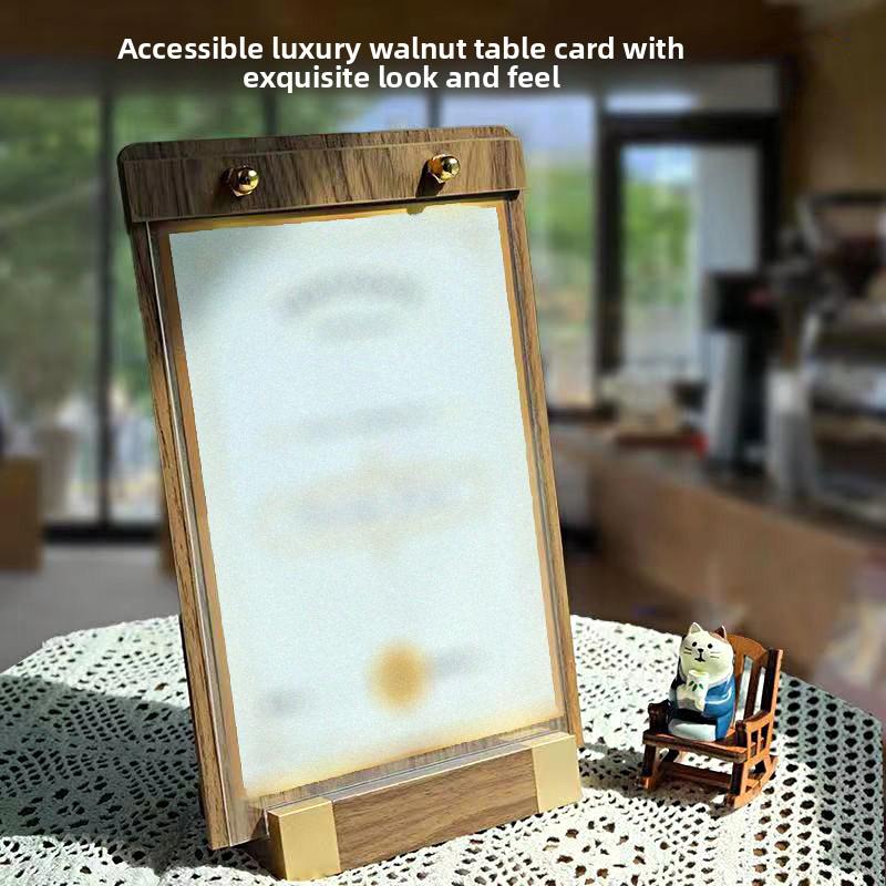 1PC Transparent Panel Price Display Board Walnut Wood Base Restaurant Tent Sign Holder Signs With Metal Finish Dinner A4 A5 A6