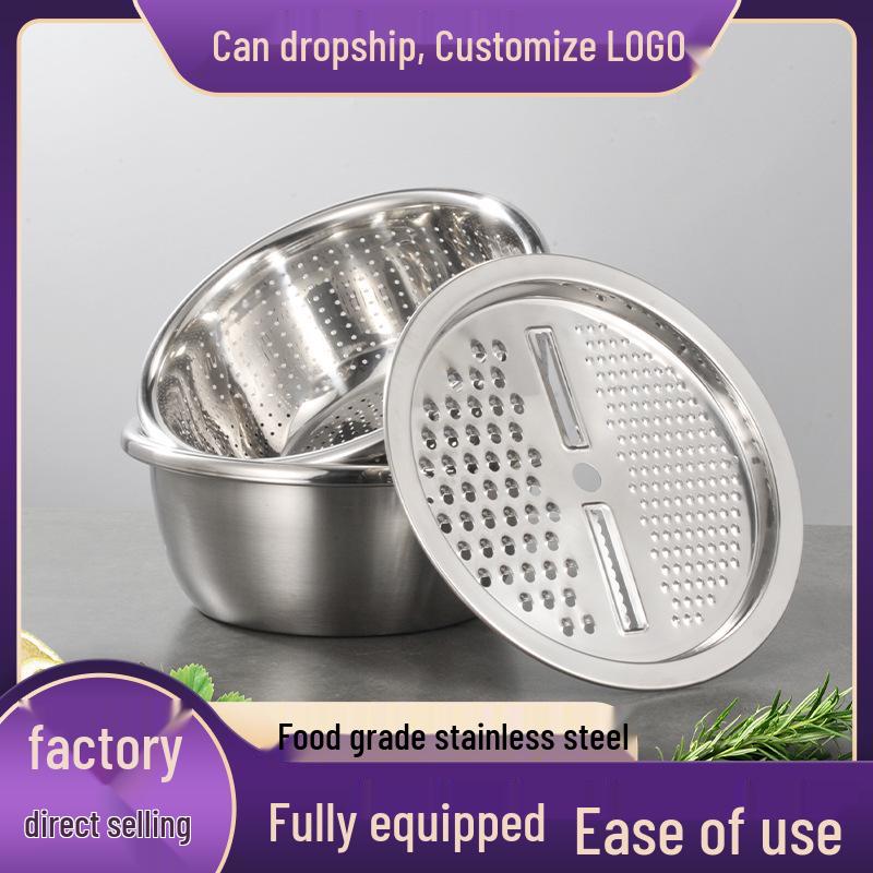 3-in-1 Stainless Steel Kitchen Set: Vegetable Washing Basin, Drain Basket, Grater, and Rice Sieve.