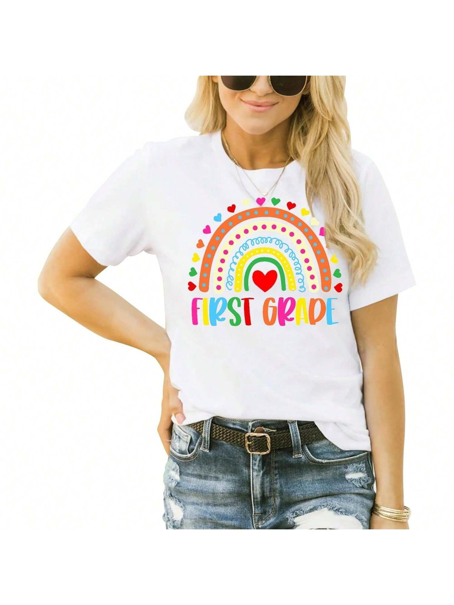 Wounisex Teacher Life Shirts First Grade Teacher Team T-Shirt 1st Grade Teacher Rainbow Tee Top S