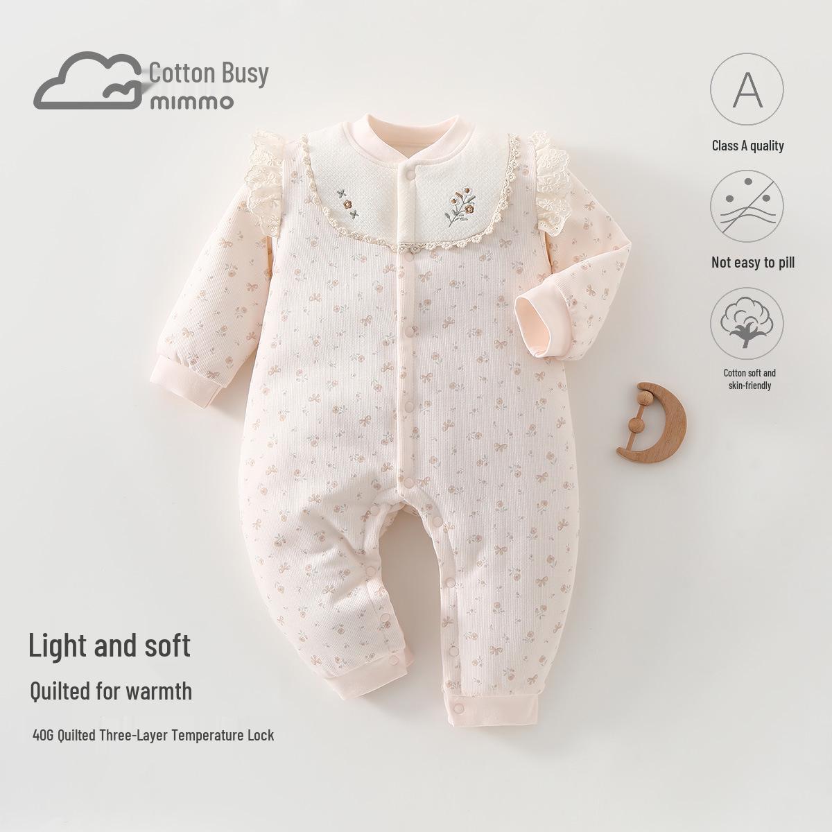 40g Autumn/Winter Quilted Baby Jumpsuit - Thickened Cotton Long Sleeve Bodysuit for Outdoor Wear 90 cm