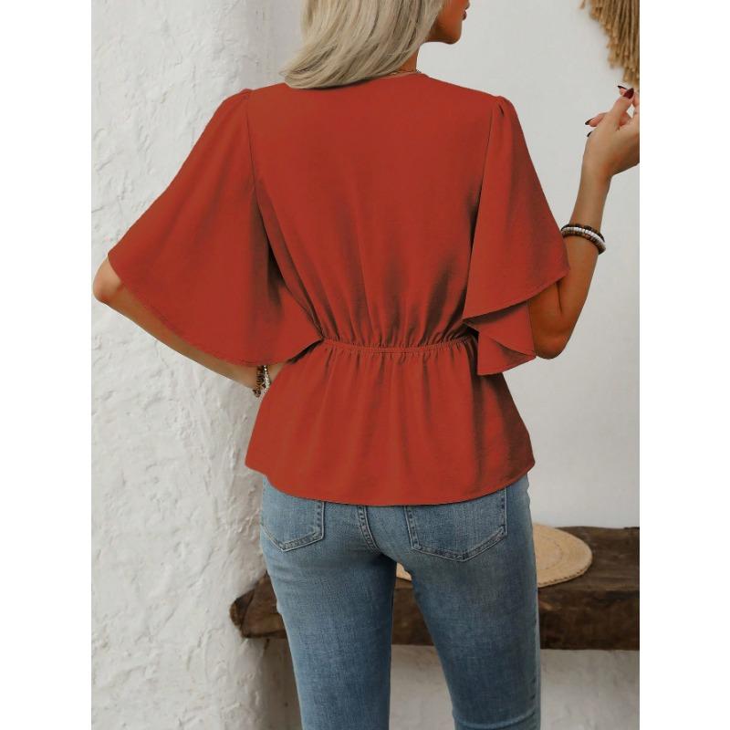 Women S V Neck Solid Color Single Breasted Waist Short Sleeve Blouse